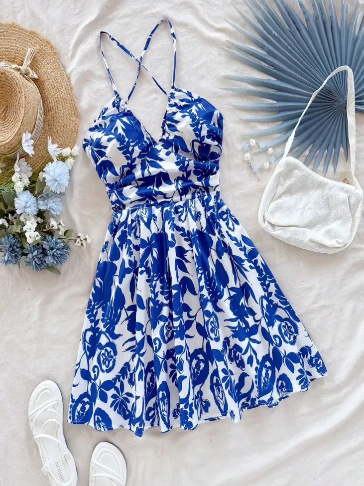 Floral Blue Smocked Mini Dress - Image 1