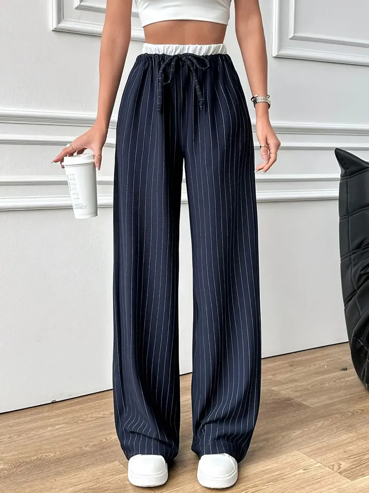 Mid Rise Striped Drawstring Pants - Image 1