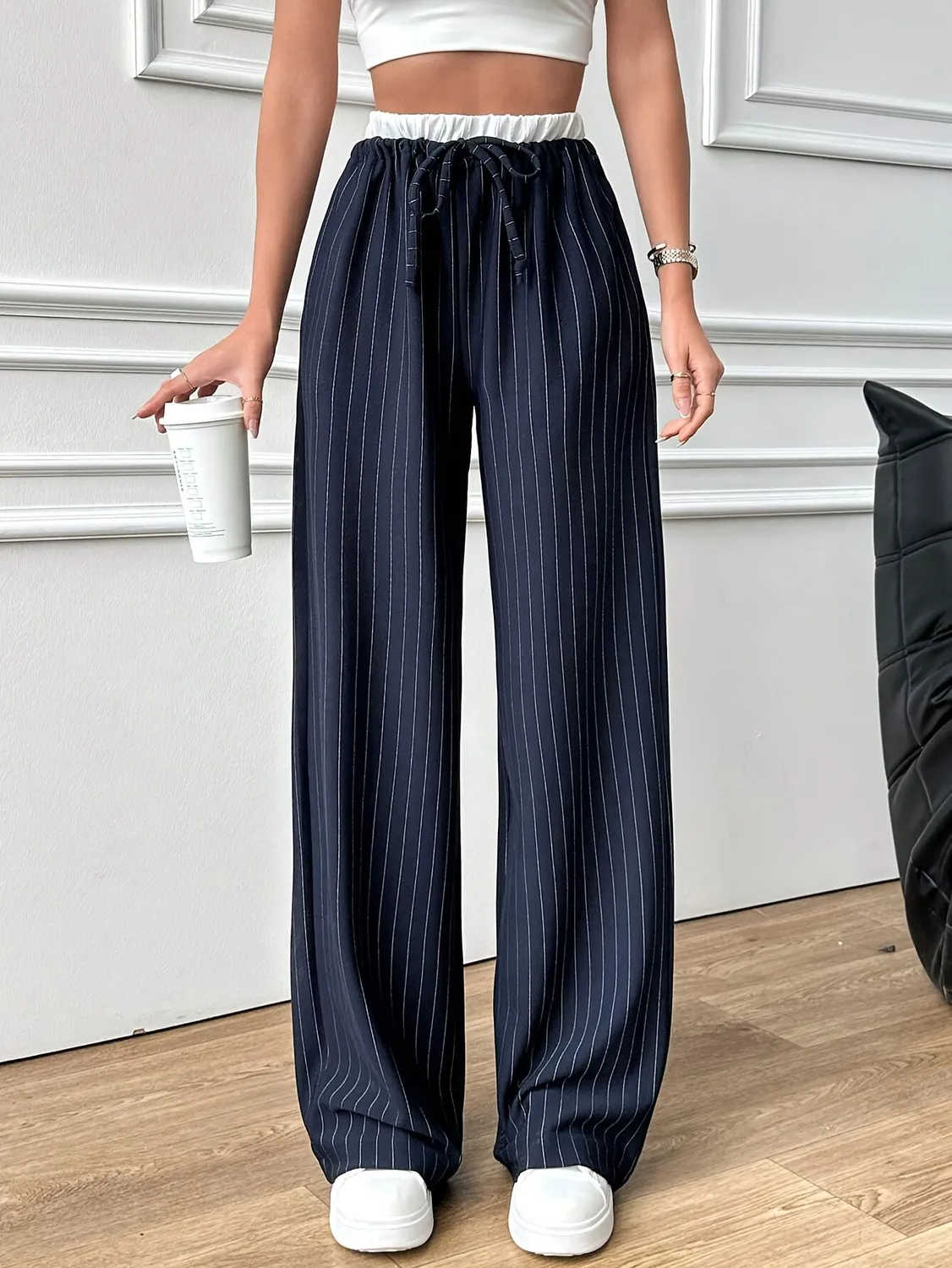 Mid Rise Striped Drawstring Pants