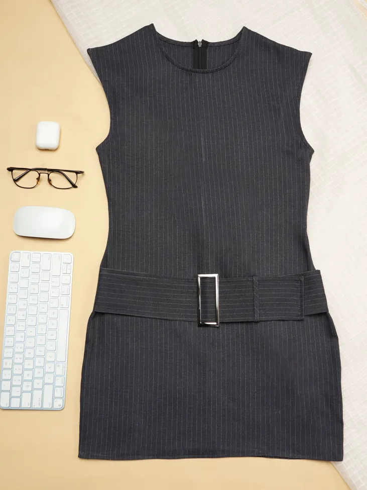 Dark Grey Belted Mini Dress - Image 1