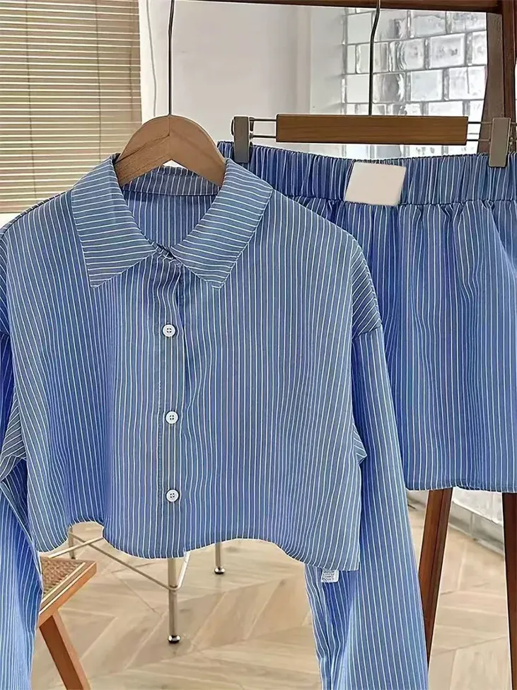 Striped Blue Crop Coord Set - Image 1