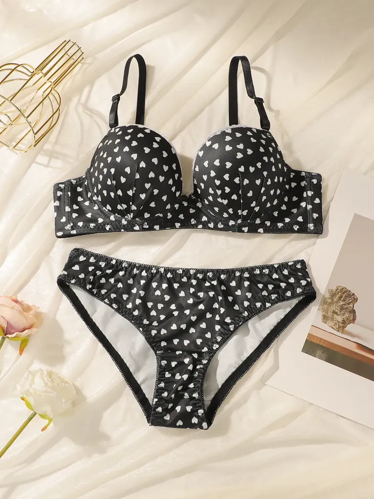 Heart Print Black Lingerie Set - Image 1