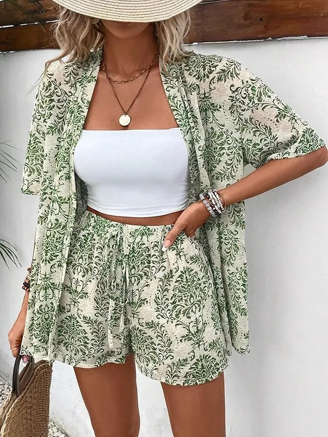 Green Floral Shorts Coord Set - Image 1