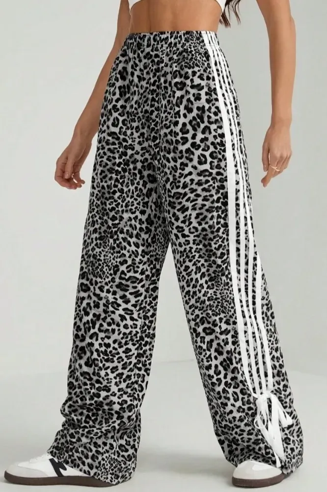 Mid Rise Leopard Print Striped Trackpants - NEWME