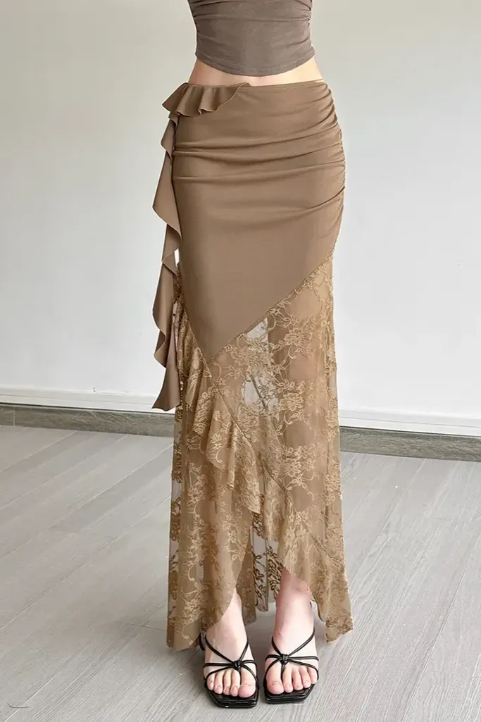Brown Ruffled Wrap Maxi Skirt - Image 1