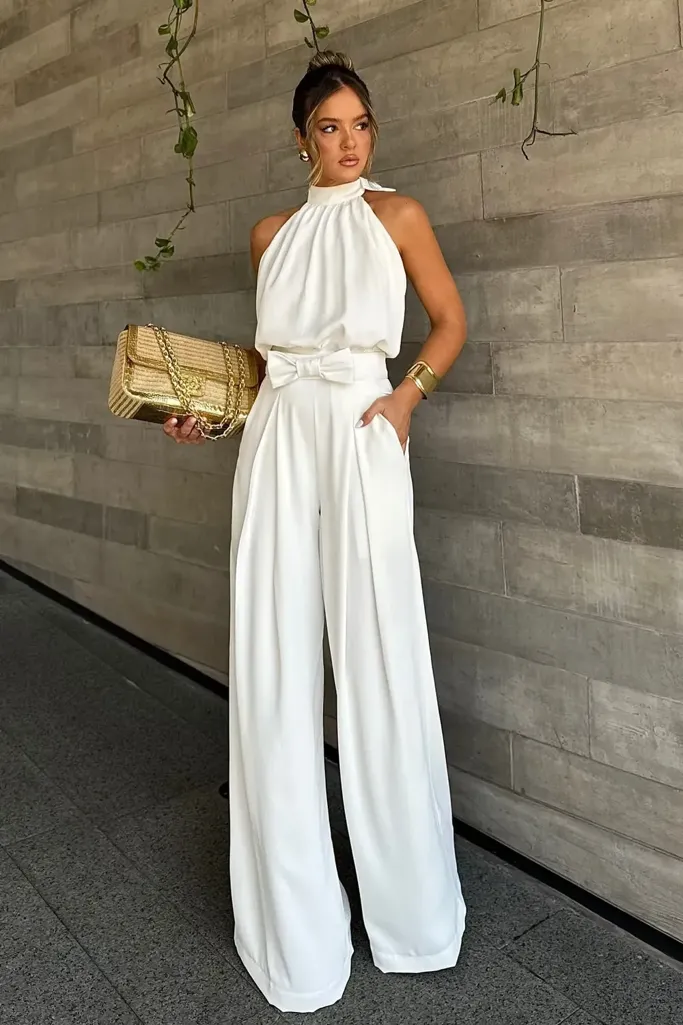White High Rise Bow Detail Pants - Image 1
