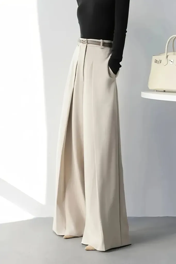 Beige High Rise Pleated Formal Pants - Image 1