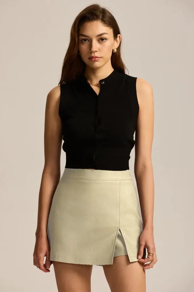 Beige High Rise Slit Mini Skort - Image 1