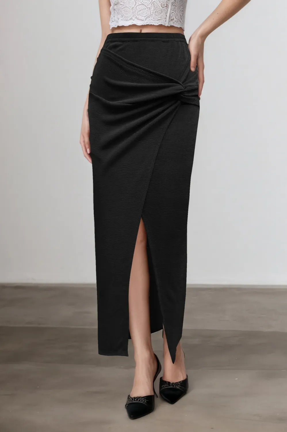 Black Draped Slit Maxi Skirt