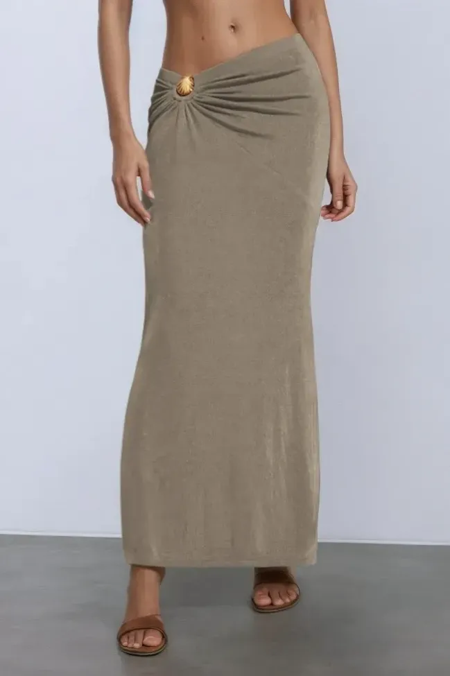 Beige Mid Rise Straight Fit Skirt - NEWME