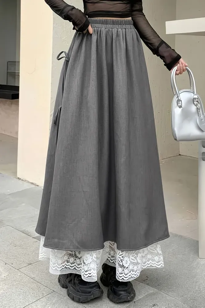 Grey Lace Insert Tieup Maxi Skirt - Image 1