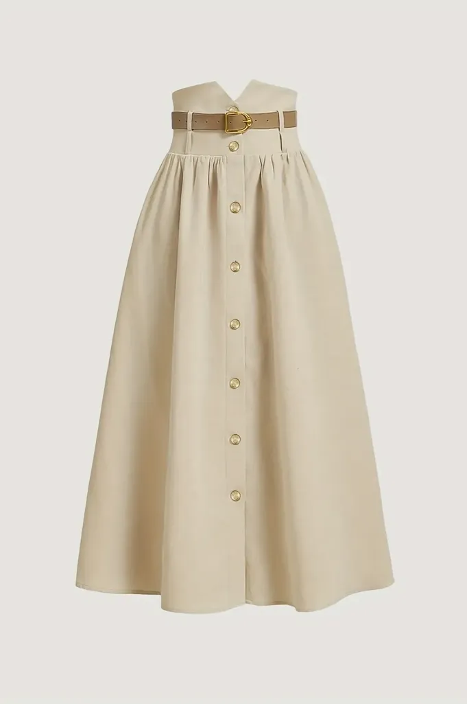 Beige High Rise Buttoned Maxi Skirt - Image 1