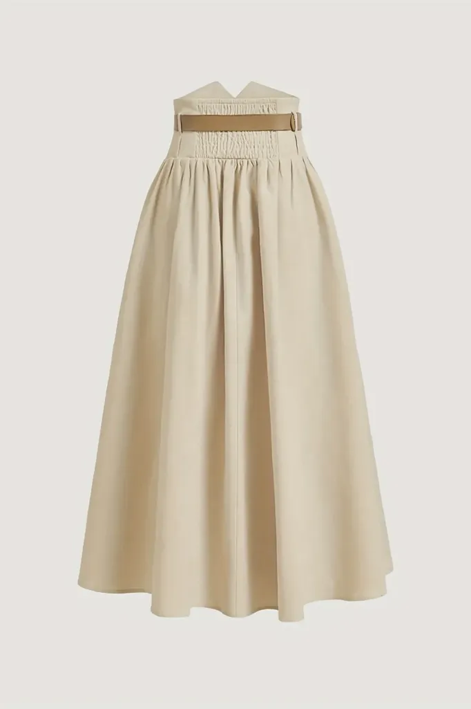 Beige High Rise Buttoned Maxi Skirt - NEWME