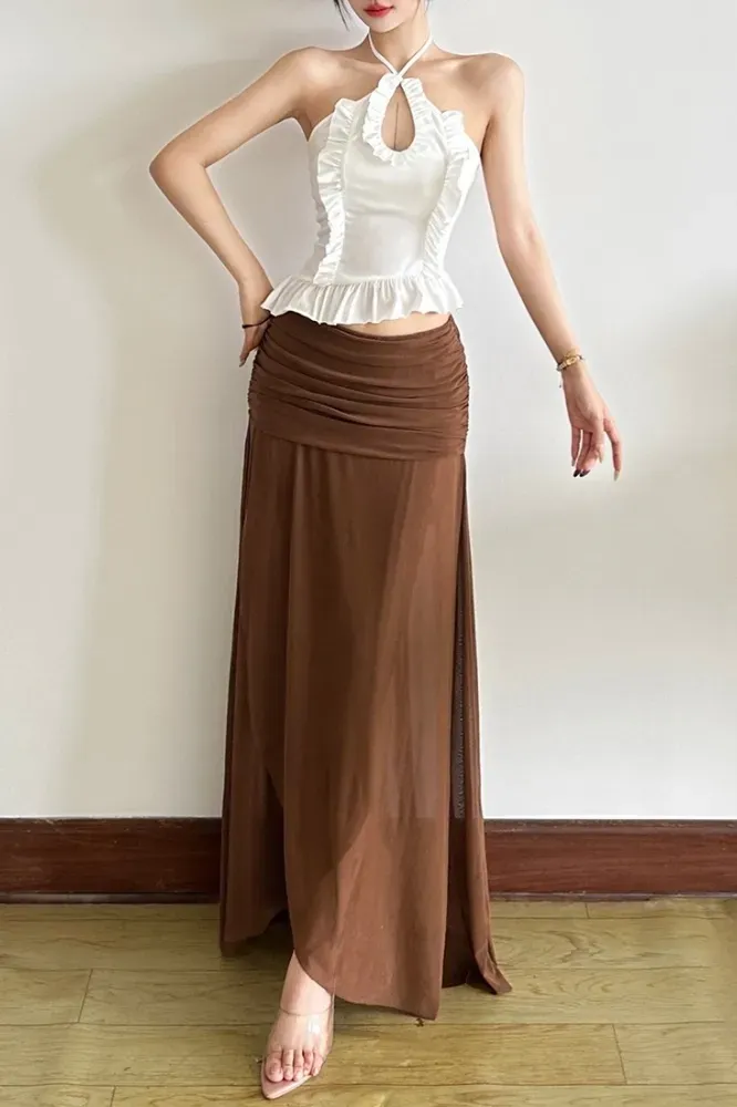 Brown Ruched Draped Maxi Skirt - NEWME