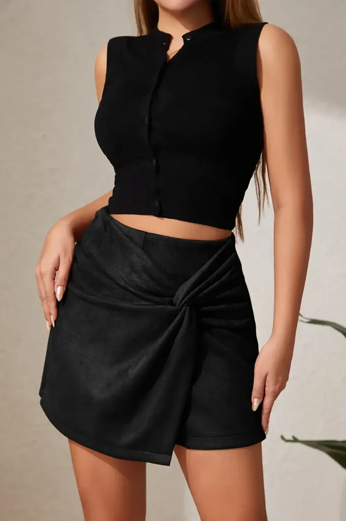 Black High Rise Knot Detail Mini Skort - Image 1