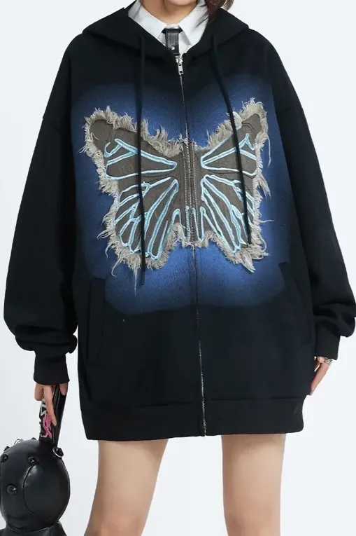 Black Oversized Butterfly Print Sweatshirt - NEWME