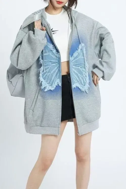 Grey Oversized Butterfly Print Sweatshirt - NEWME