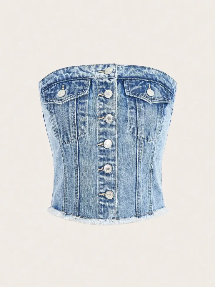 Blue Solid Denim Tube Top - Image 1