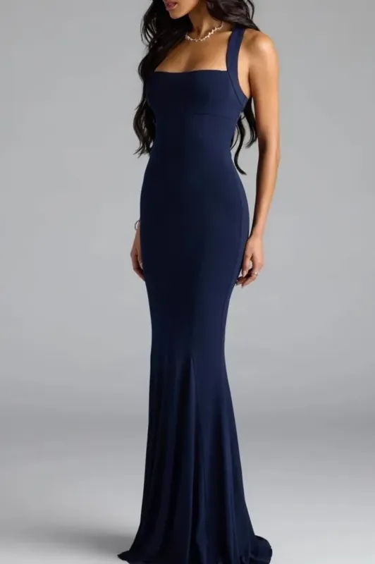 Dark Blue Backless Mermaid Maxi Dress - NEWME