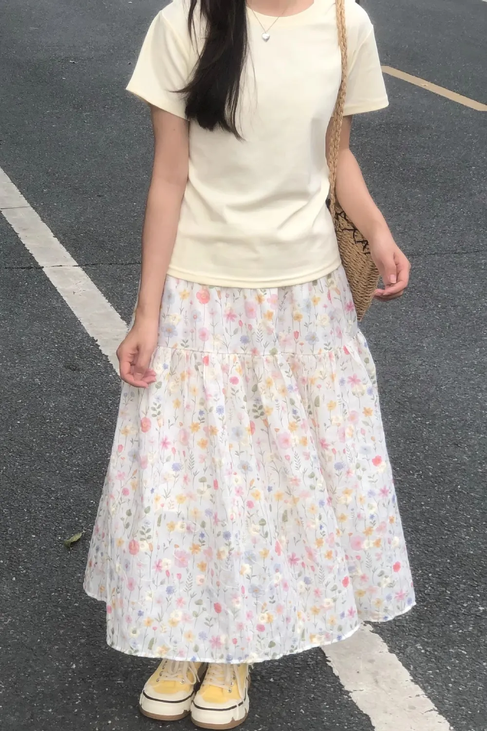 White Floral Tiered Maxi Skirt