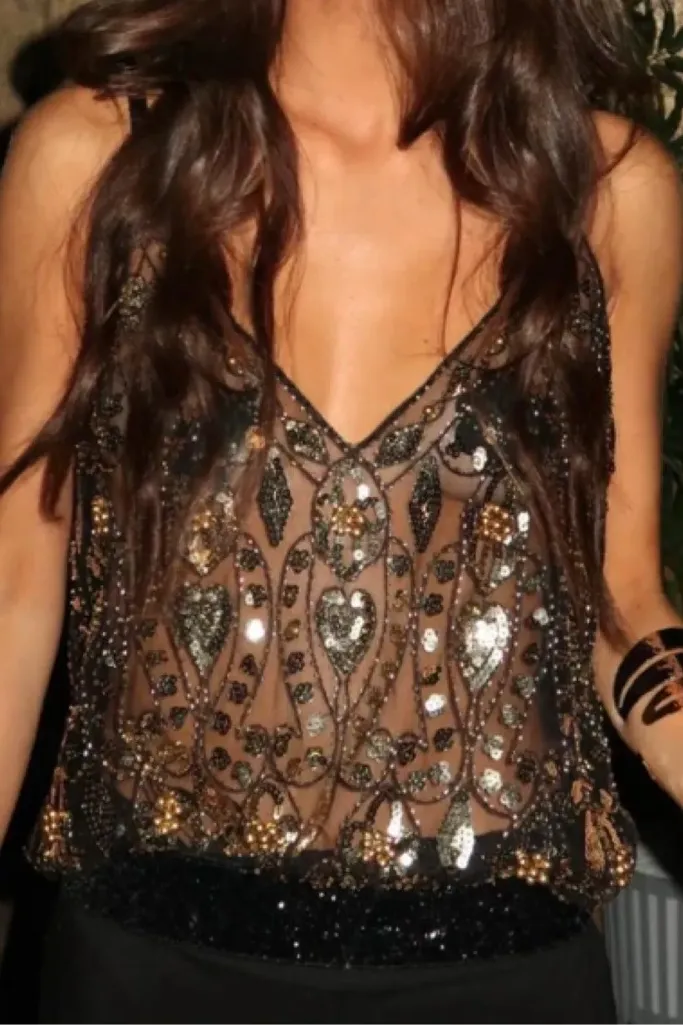 Black Embellished Sheer Vneck Top - Image 1