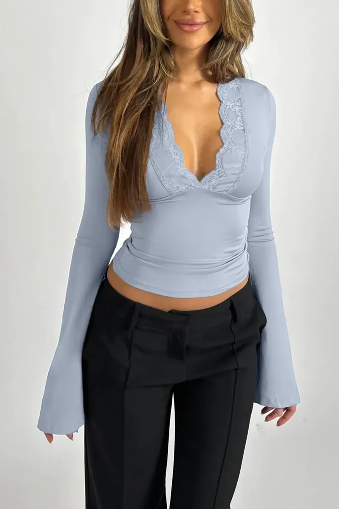 Greyish Blue Lace Detailed Plunging Neck Top - Image 1