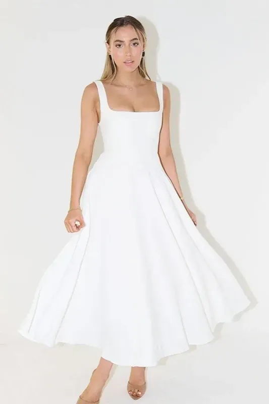 White Square Neck Midi Dress