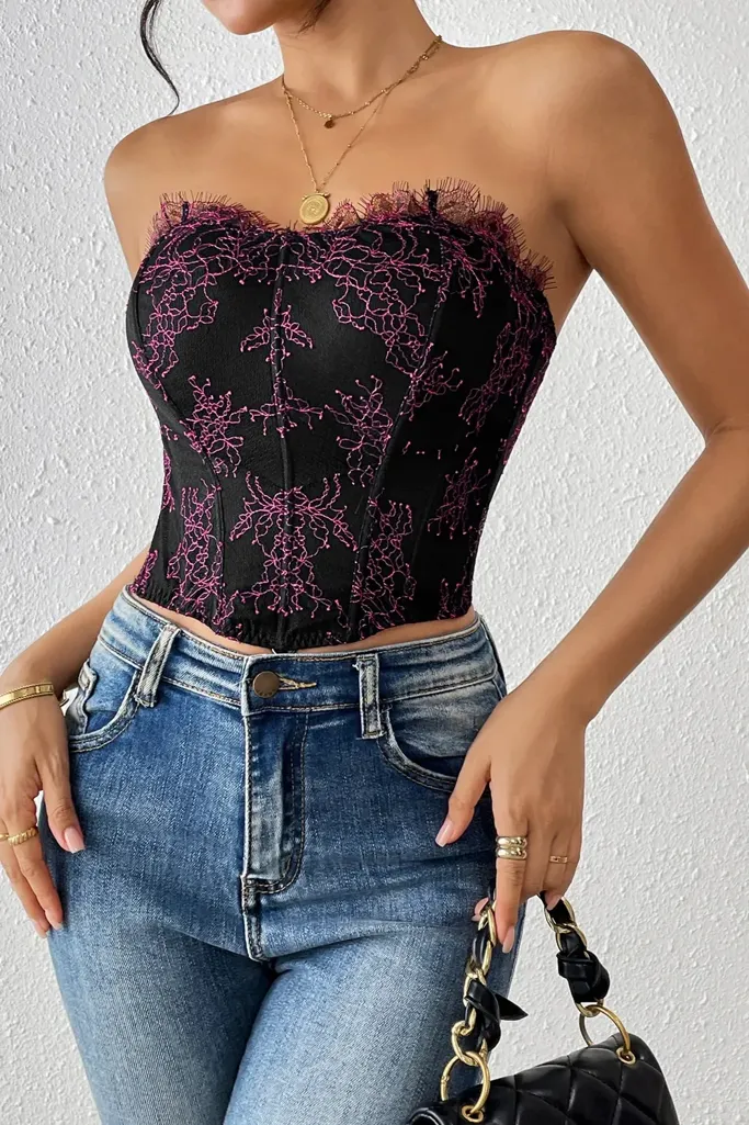 Black Floral Lace Insert Corset Top - Image 1