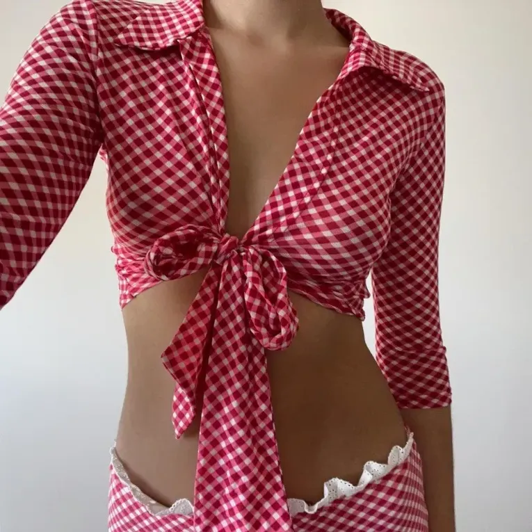 Red Gingham Tie Up Crop Top - Image 1