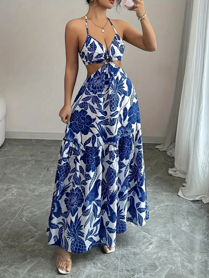 Blue Floral Halter Maxi Dress - Image 1