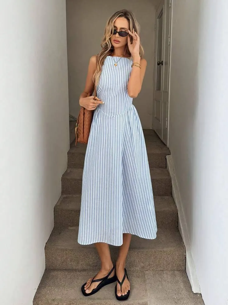 Pleated Striped Blue Midi Dress