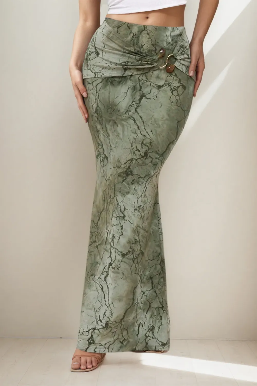 Sage Marble Print Trumpet Maxi Skirt