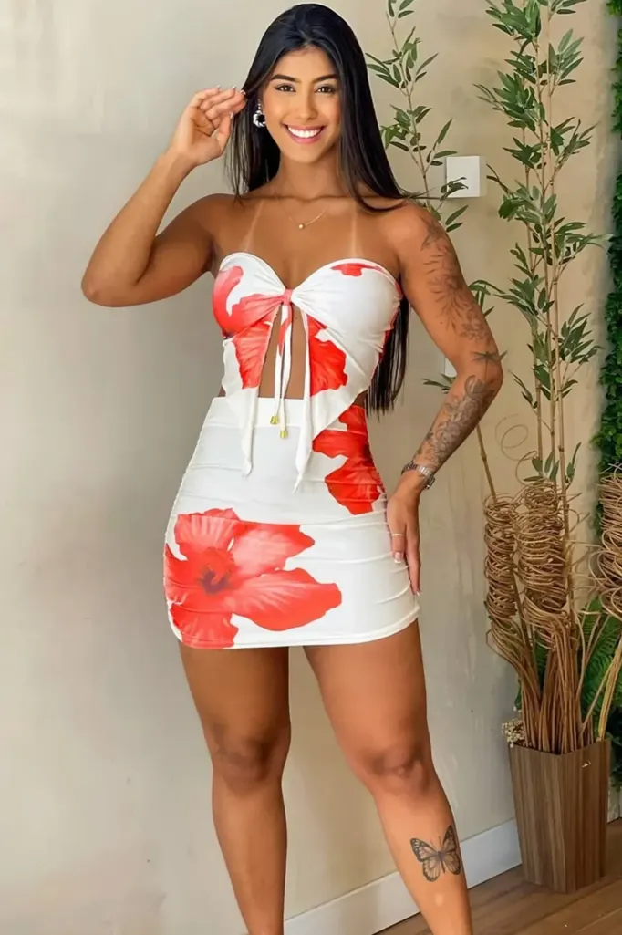White Floral Tube Bodycon Coord Set - Image 1