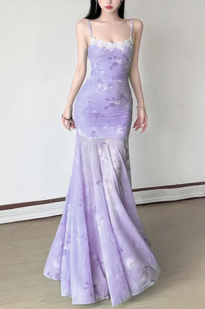 Purple Floral Lace Mermaid Maxi Dress