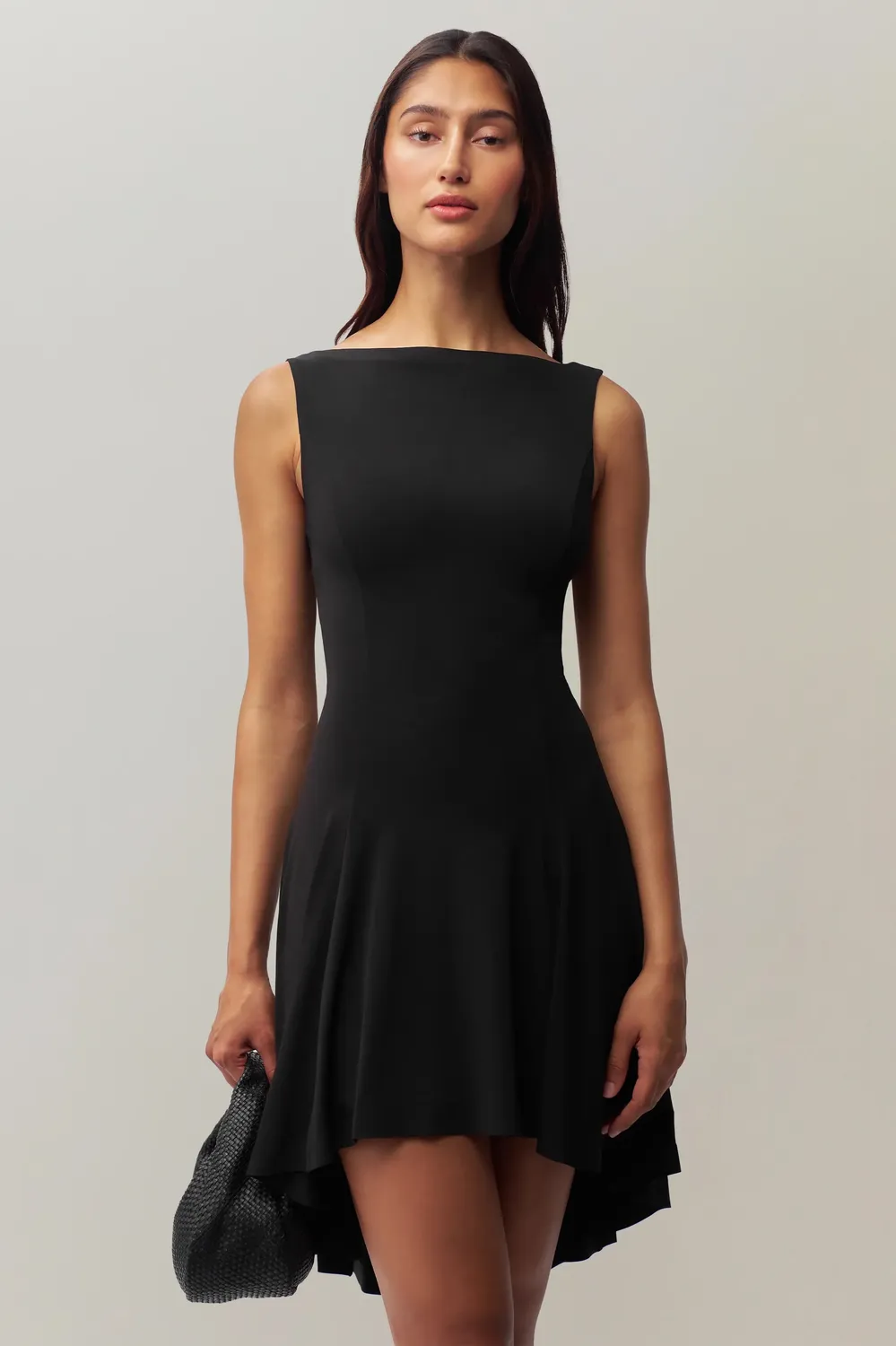Black Solid Boat Neck Midi Dress