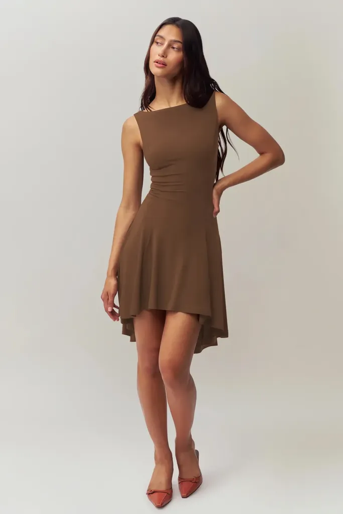 Brown Solid Boat Neck Midi Dress - Image 1