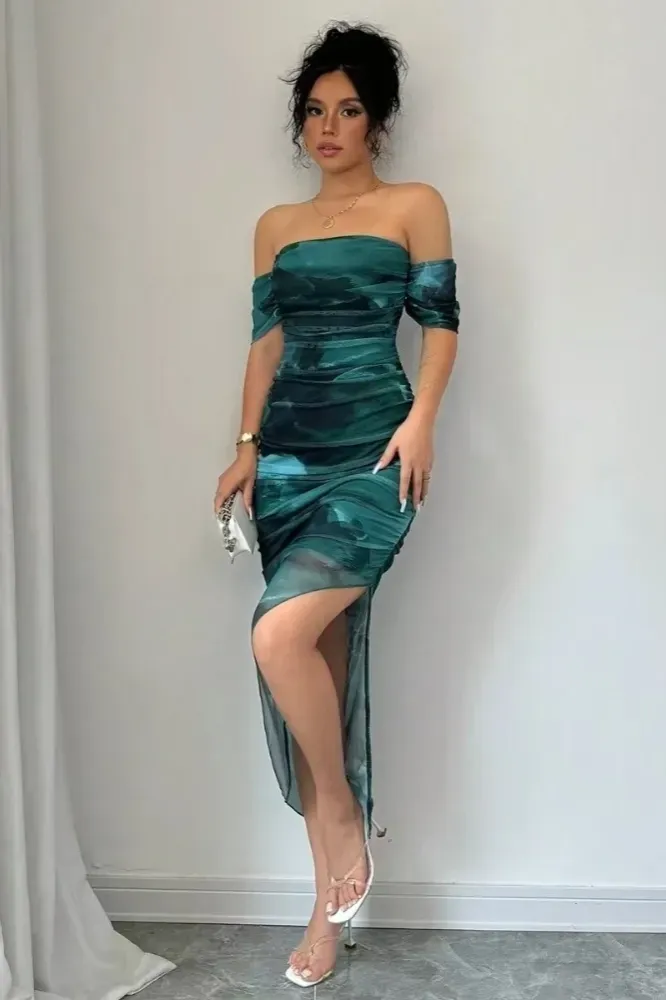 Green Abstract Offshoulder Midi Dress - Image 1