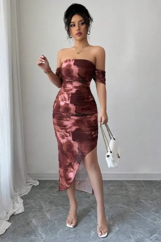 Brown Abstract Offshoulder Midi Dress - Image 1
