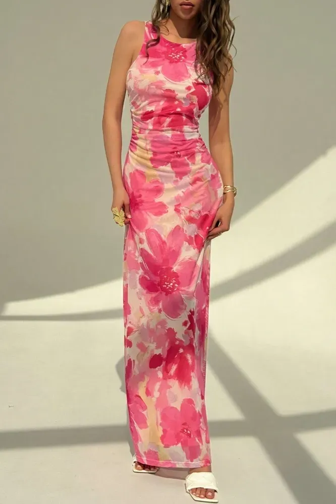 Pink Floral Ruched Maxi Dress - Image 1