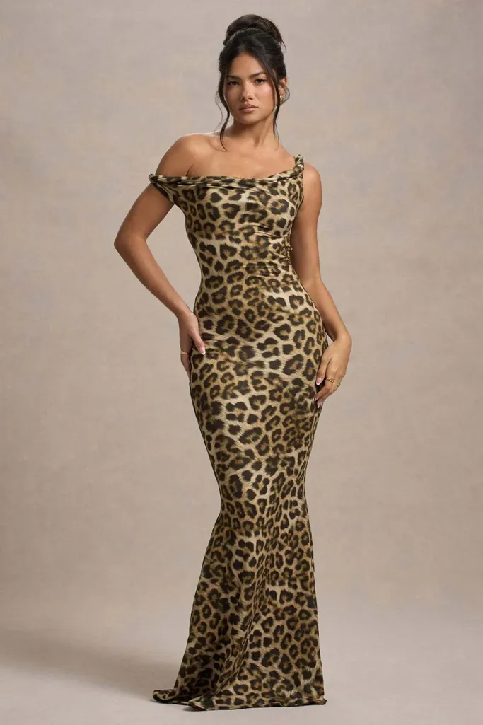 Leopard Print Off Shoulder Maxi Dress - Image 1