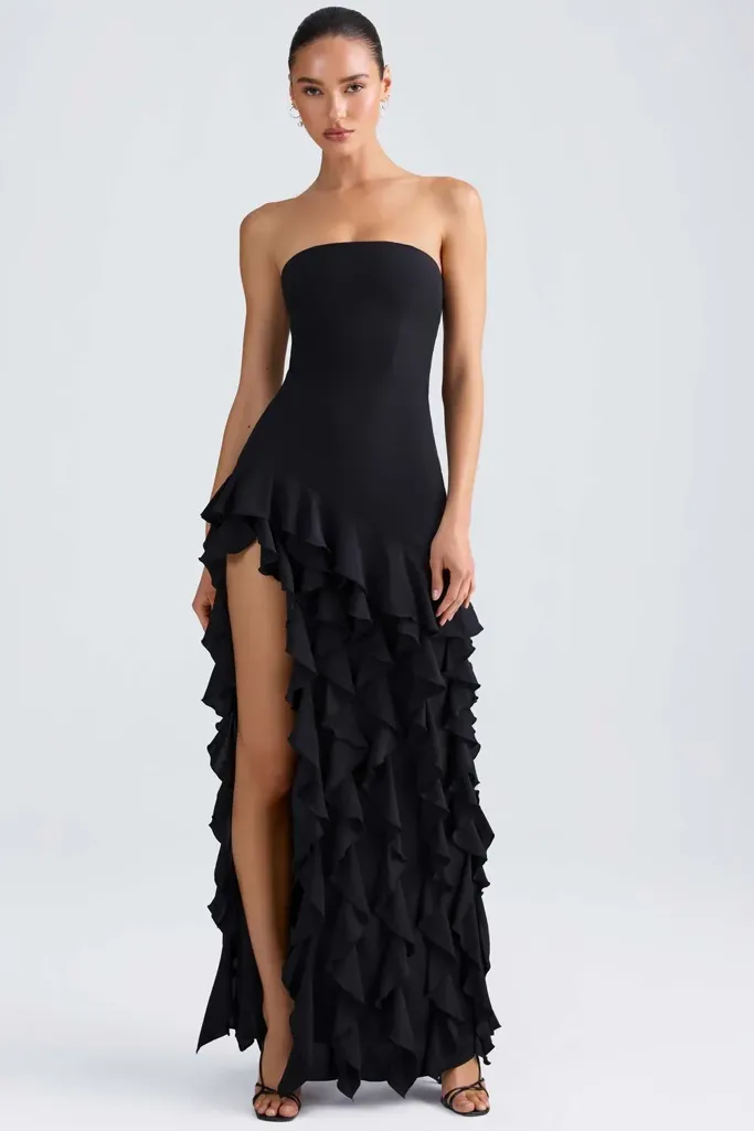 Black Ruffled Tube Maxi Dress - Image 1