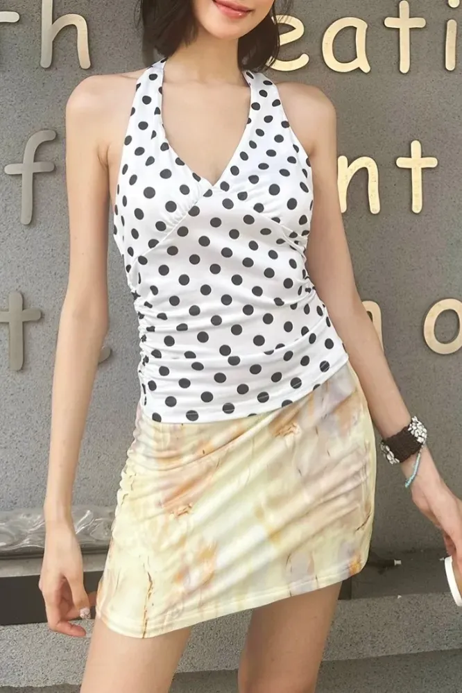 White Halter Neck Polka Dot Top - Image 1
