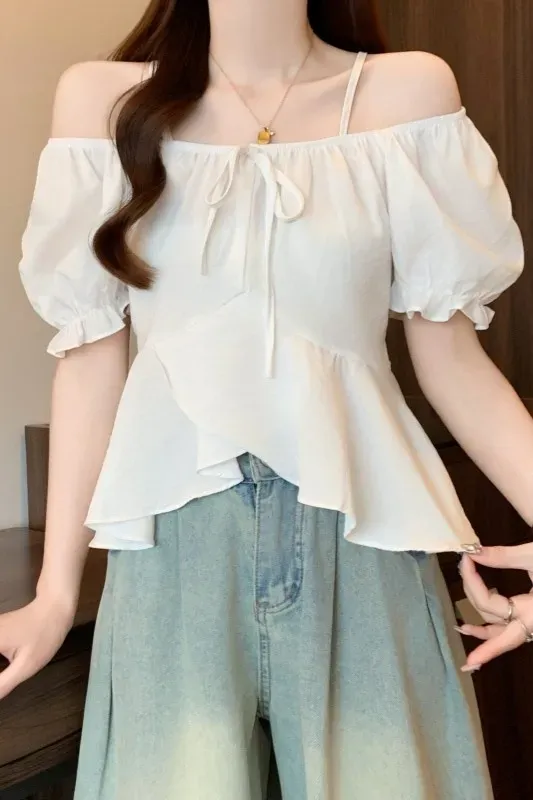 White Solid Square Neck Tieup Top - Image 1