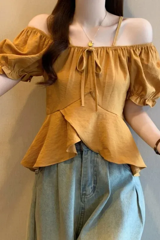 Mustard Solid Square Neck Tieup Top - Image 1