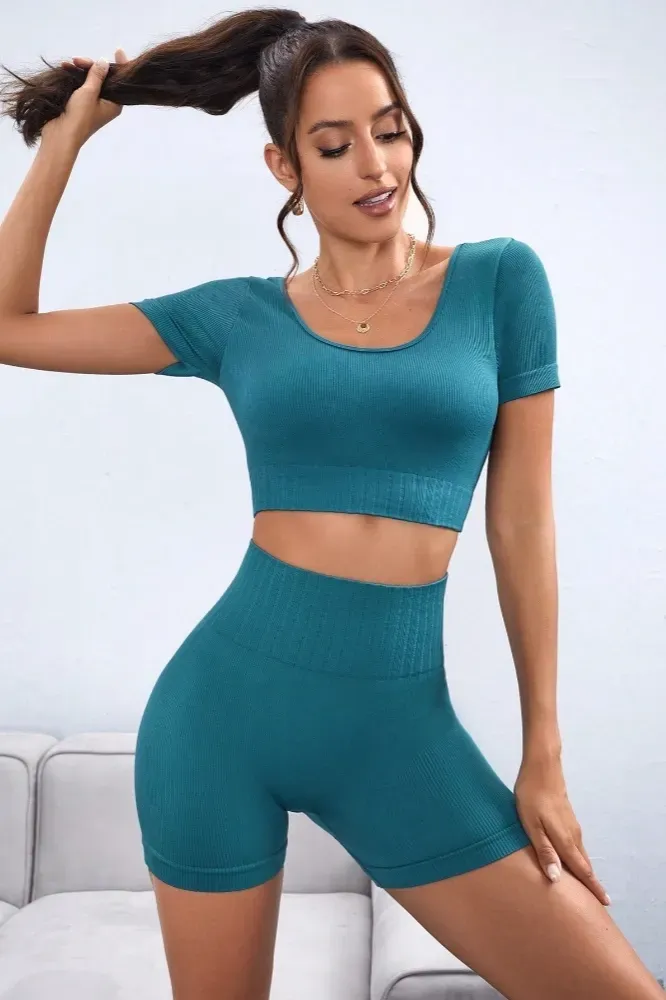 Blue Solid Scoop Neck Sports Set - Image 1