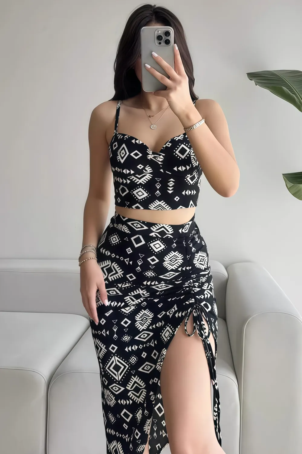 Black Geometric Sweetheart Tieup Coord Set