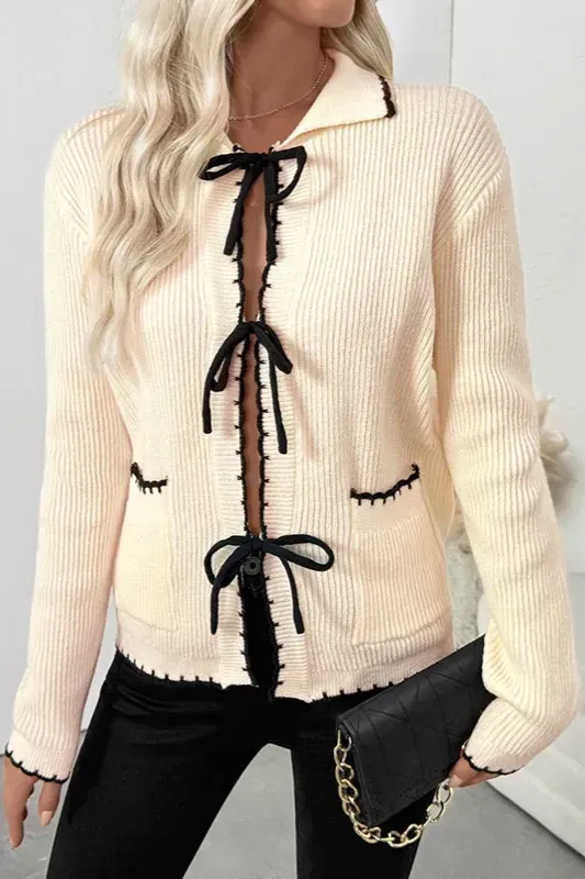 Cream Tieup Detail Polo Neck Sweater - Image 1