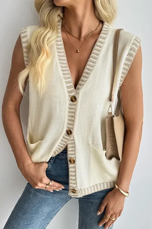 Off White Vneck Buttoned Sweater
