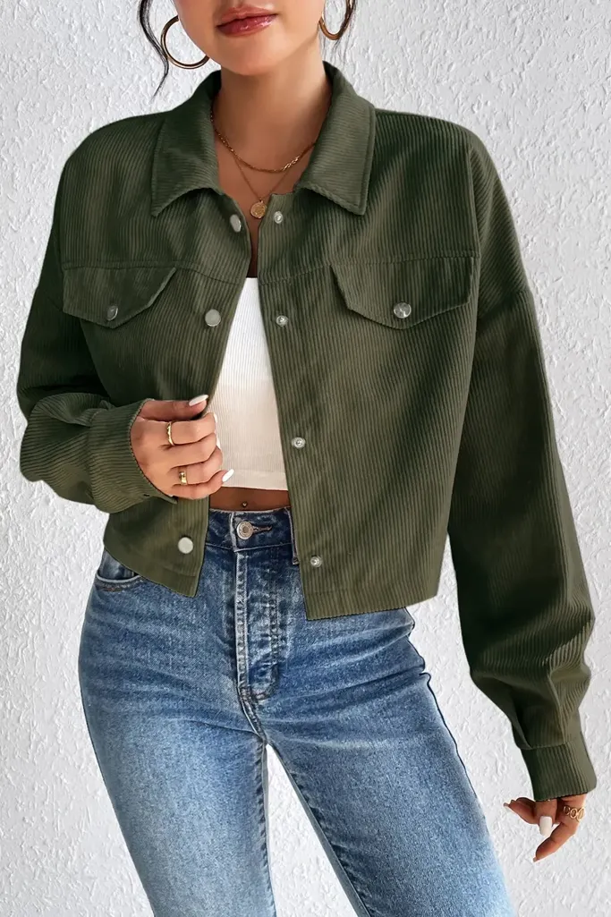 Olive Button Down Crop Shacket - Image 1
