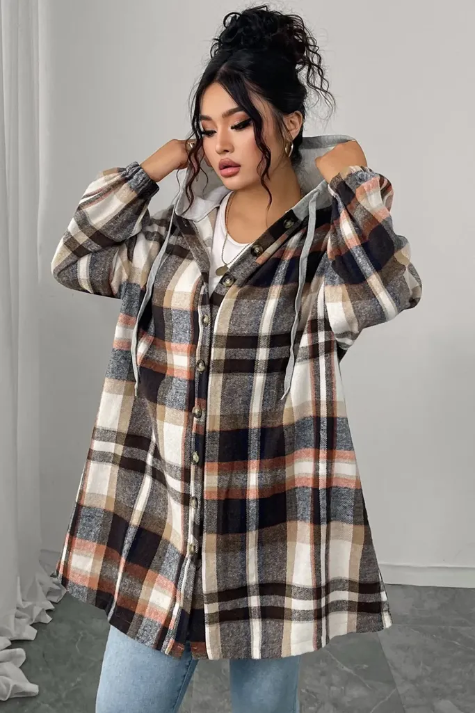 Brown Oversized Plaid Hooded Shacket - Image 1